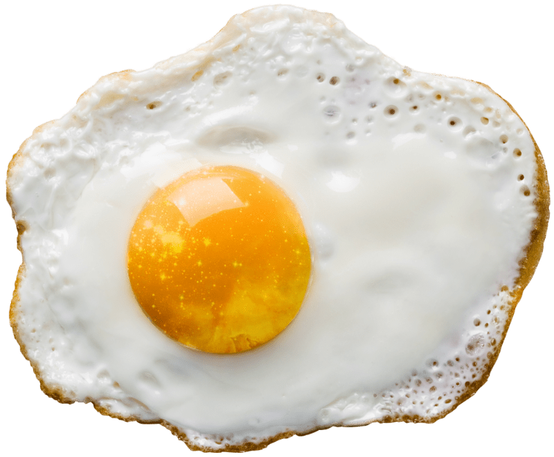 A beautiful fried egg on purple background with a galaxy in its yolk.